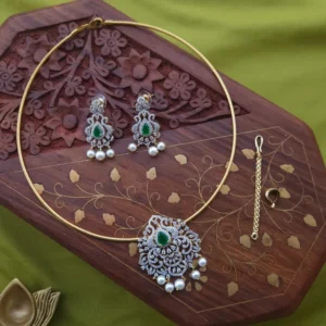 Floral Peacock AD Hasli Neckpiece (Green)