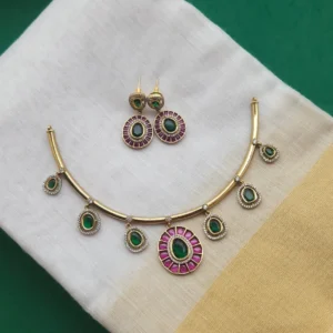 Hasli Necklace Set with Green & Pink Stones