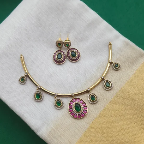 Hasli Necklace Set with Green & Pink Stones