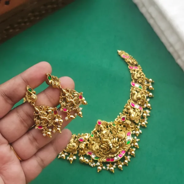 Magizhini Antique Jadau Temple Designer Necklace - Image 2