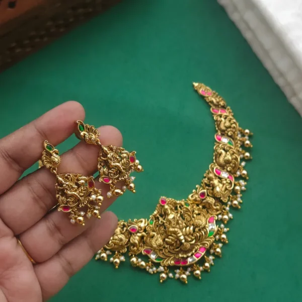 Magizhini Antique Jadau Temple Designer Necklace - Image 2